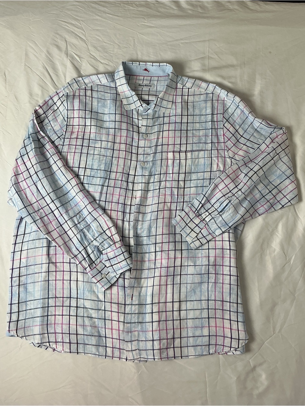 Tommy Bahama 100% Linen Plaid Tropical Palm Button Up Shirt XXL